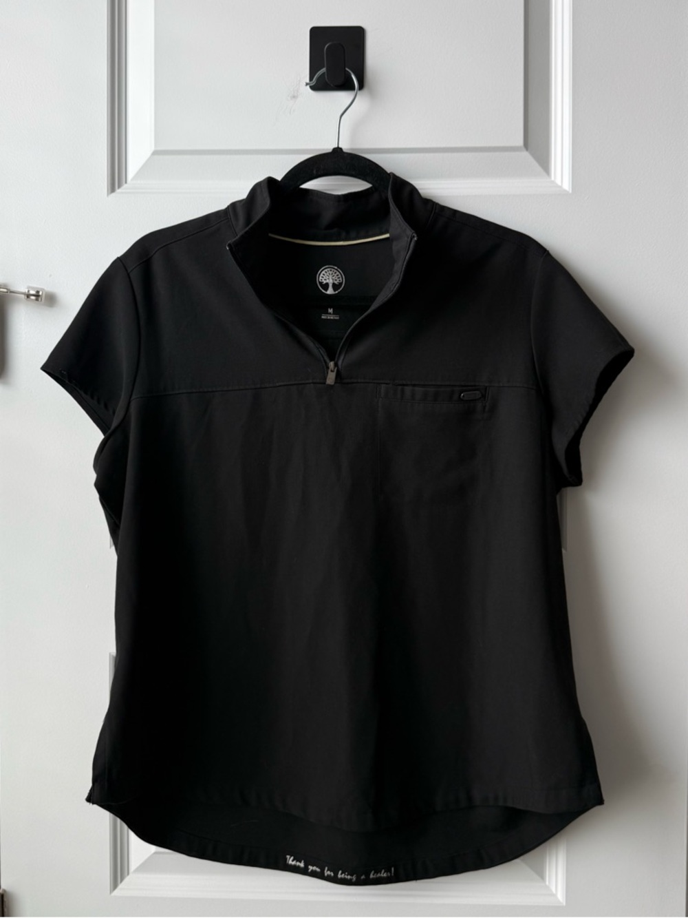 Healing Hands Black Scrub Top Medium Zip Neck Stretch Medical Uniform